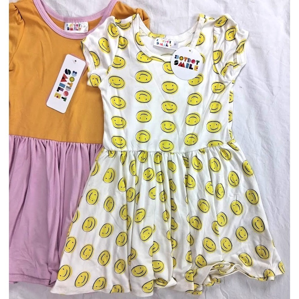 Dot Smile Girl 2T Dress Lot Cap Sleeve Retro Smiley Face Colorblock Summer 3pc - Picture 4 of 6